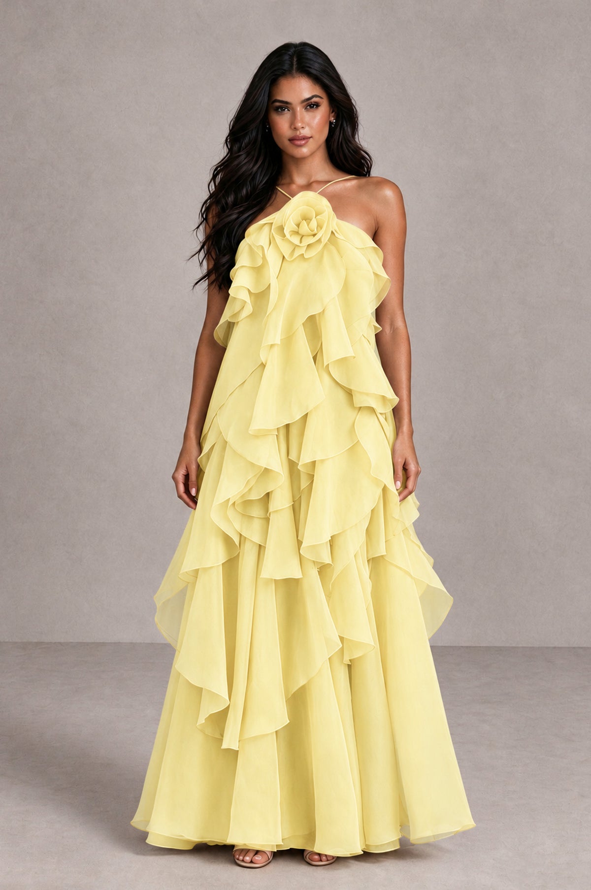 BOLODOO Daffodil Cascading Ruffle Rosette Open-Back Maxi Dress - Daffodil - Daffodil_1