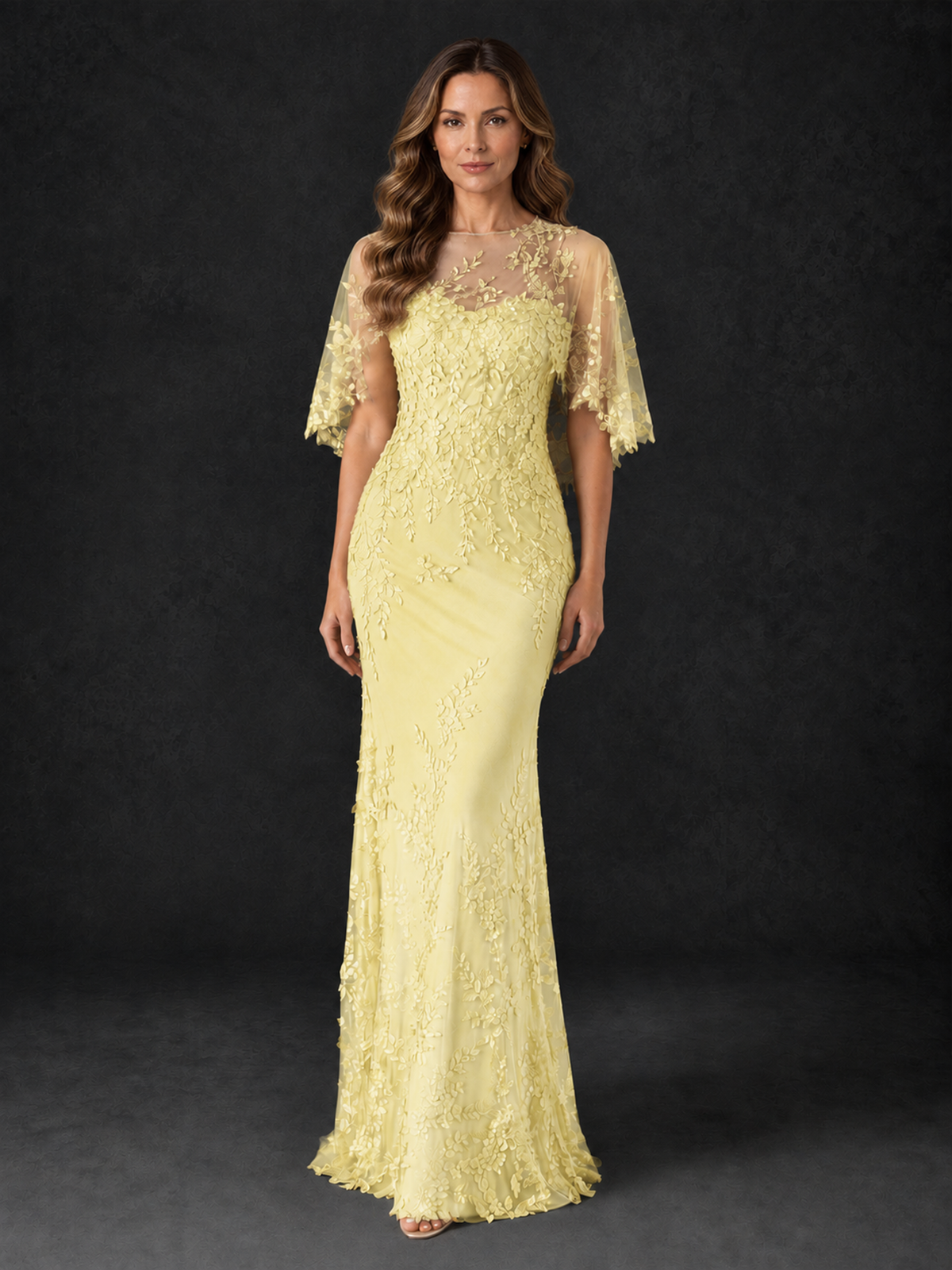 BOLODOO Daffodil Botanical Lace Flutter Sleeve Mermaid Gown - Daffodil - Daffodil_1