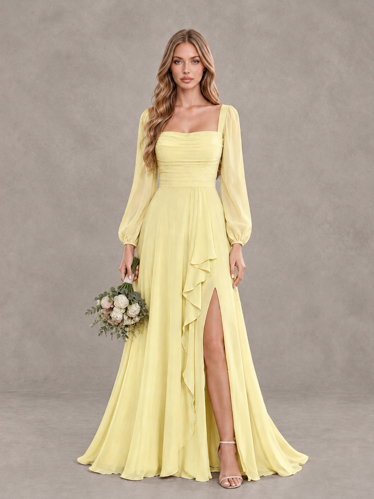 BOLODOO Daffodil Square Neck Long Sleeve Bridesmaid Dress with Ruffle Slit - Daffodil - Daffodil_1