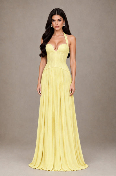 BOLODOO Daffodil Halter Corset Pleated A-Line Evening Dress - Daffodil - Daffodil_1