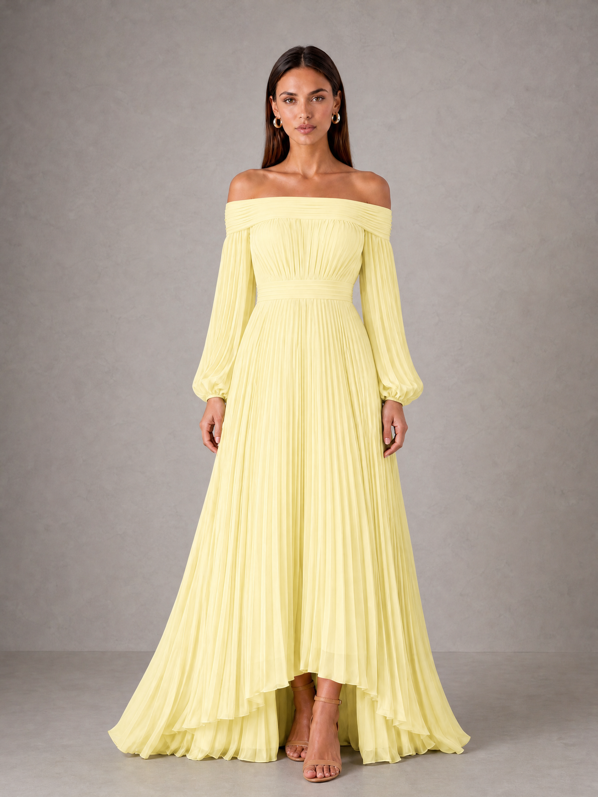 BOLODOO Daffodil Off-Shoulder Long Sleeve Pleated High-Low Dress - Daffodil - Daffodil_1
