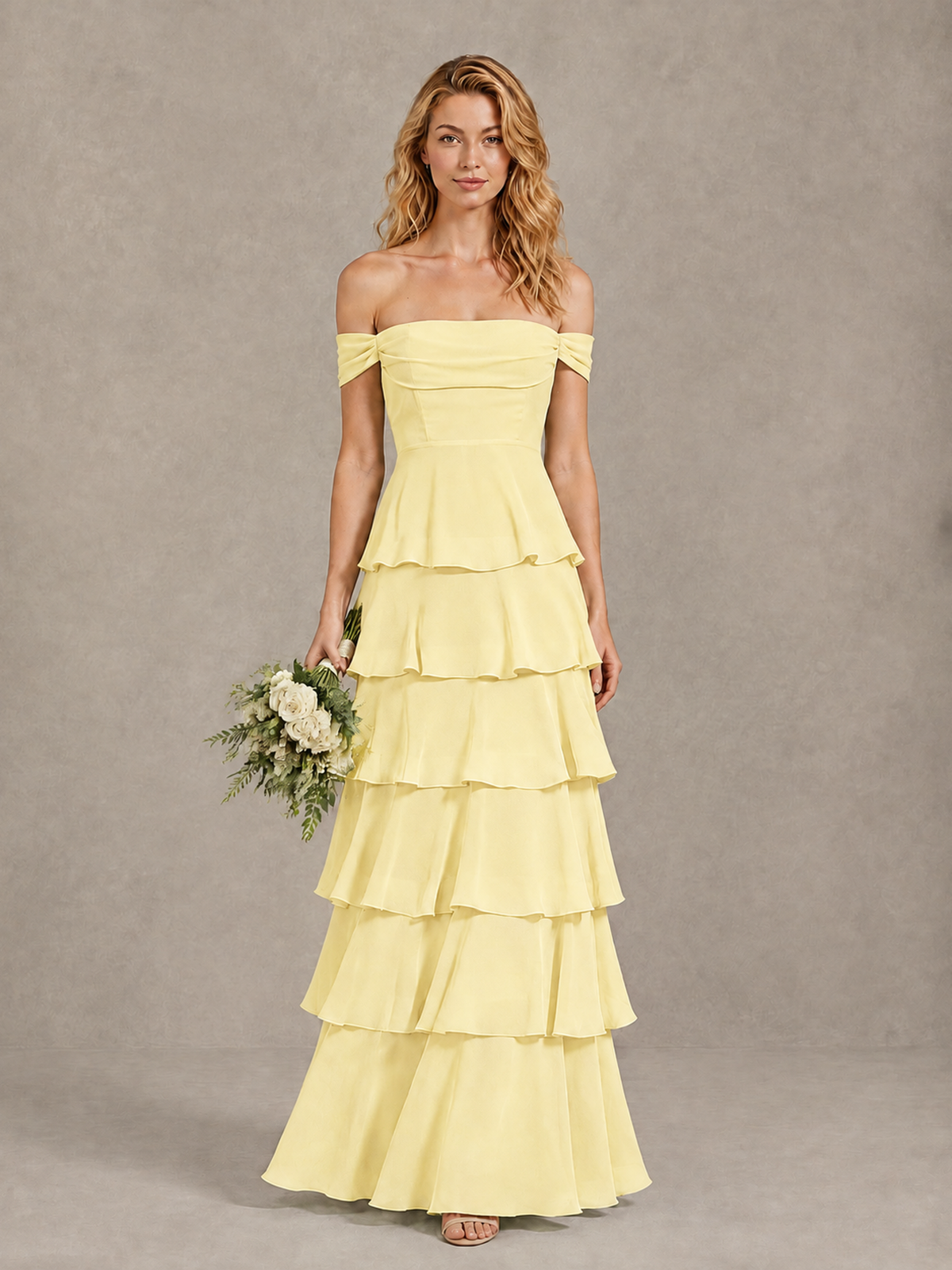 BOLODOO Daffodil Off-Shoulder Tiered Ruffle Bridesmaid Dress with Lace-Up Back - Daffodil - Daffodil_1