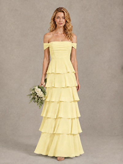 BOLODOO Daffodil Off-Shoulder Tiered Ruffle Bridesmaid Dress with Lace-Up Back - Daffodil - Daffodil_1