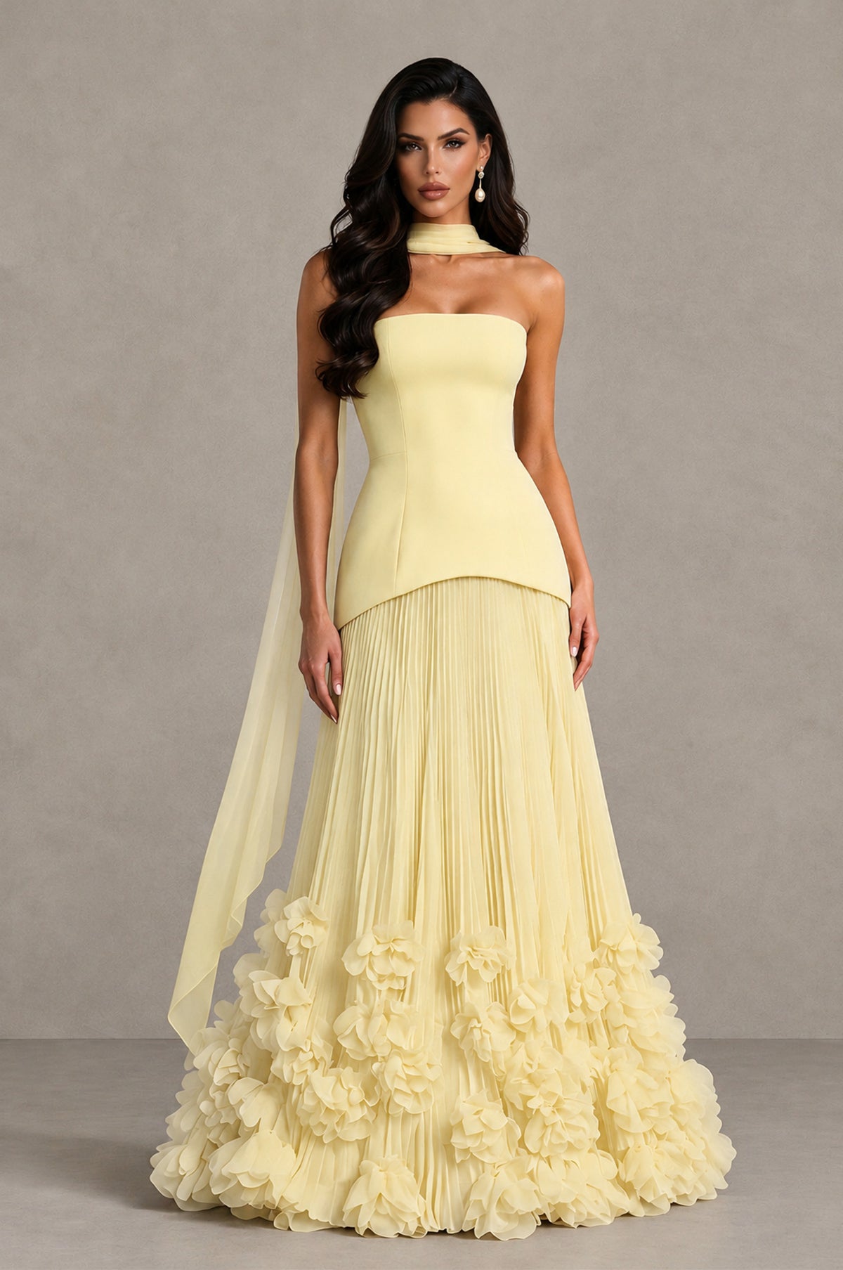 BOLODOO Daffodil Strapless Pleated Floral Hem Evening Gown - Daffodil - Daffodil_1