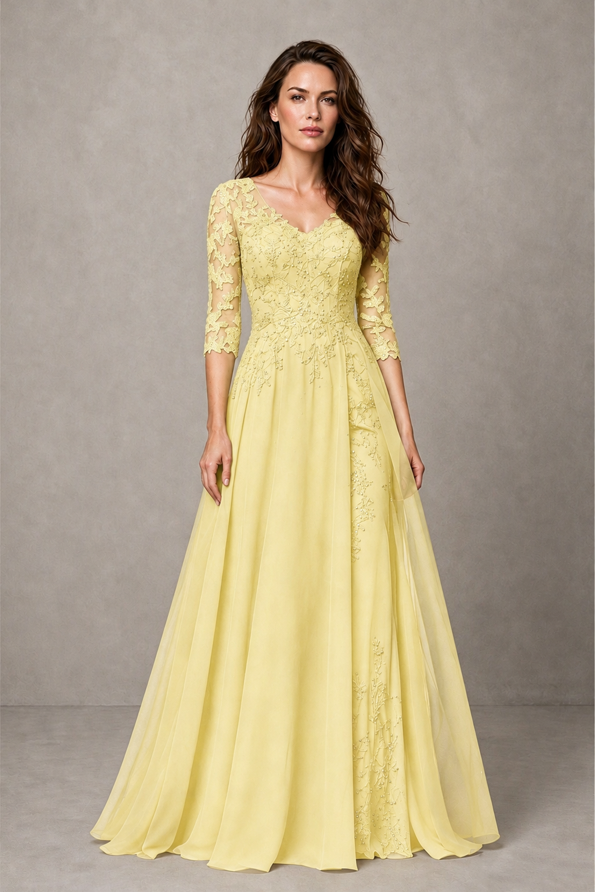 BOLODOO Midnight Daffodil Beaded Lace Appliqué Chiffon A-Line Gown | Mother of the Bride & Formal Evening Dress - Daffodil - Daffodil_1
