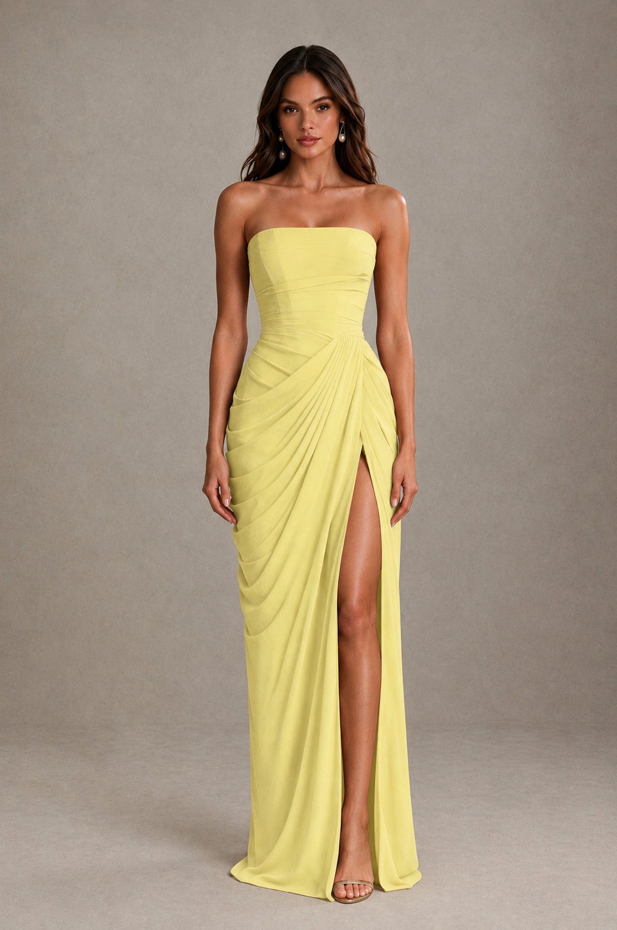 BOLODOO Strapless Draped Maxi Dress - Daffodil Backless Evening Gown with High Slit - Daffodil - Daffodil_1