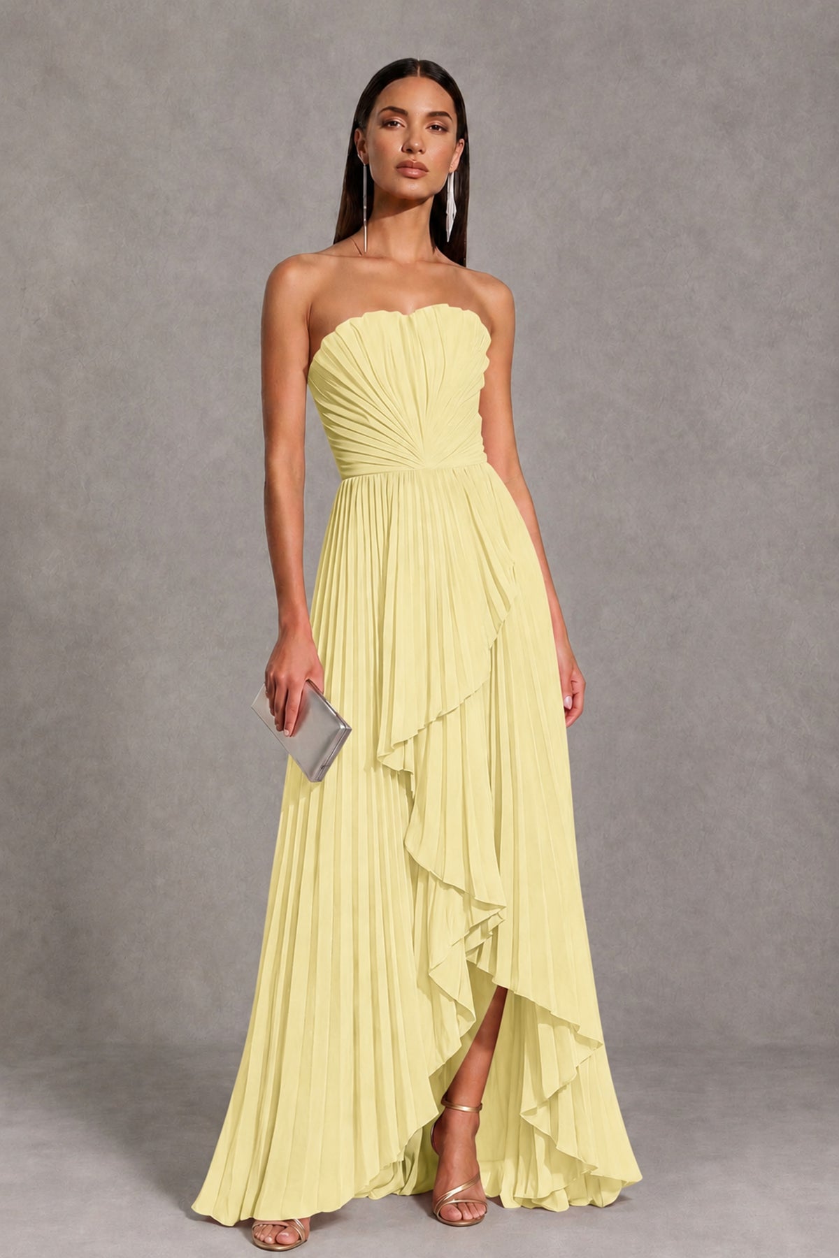 Daffodil Strapless Pleated High-Low Evening Gown with Ruffle Hem - Daffodil - Daffodil_1