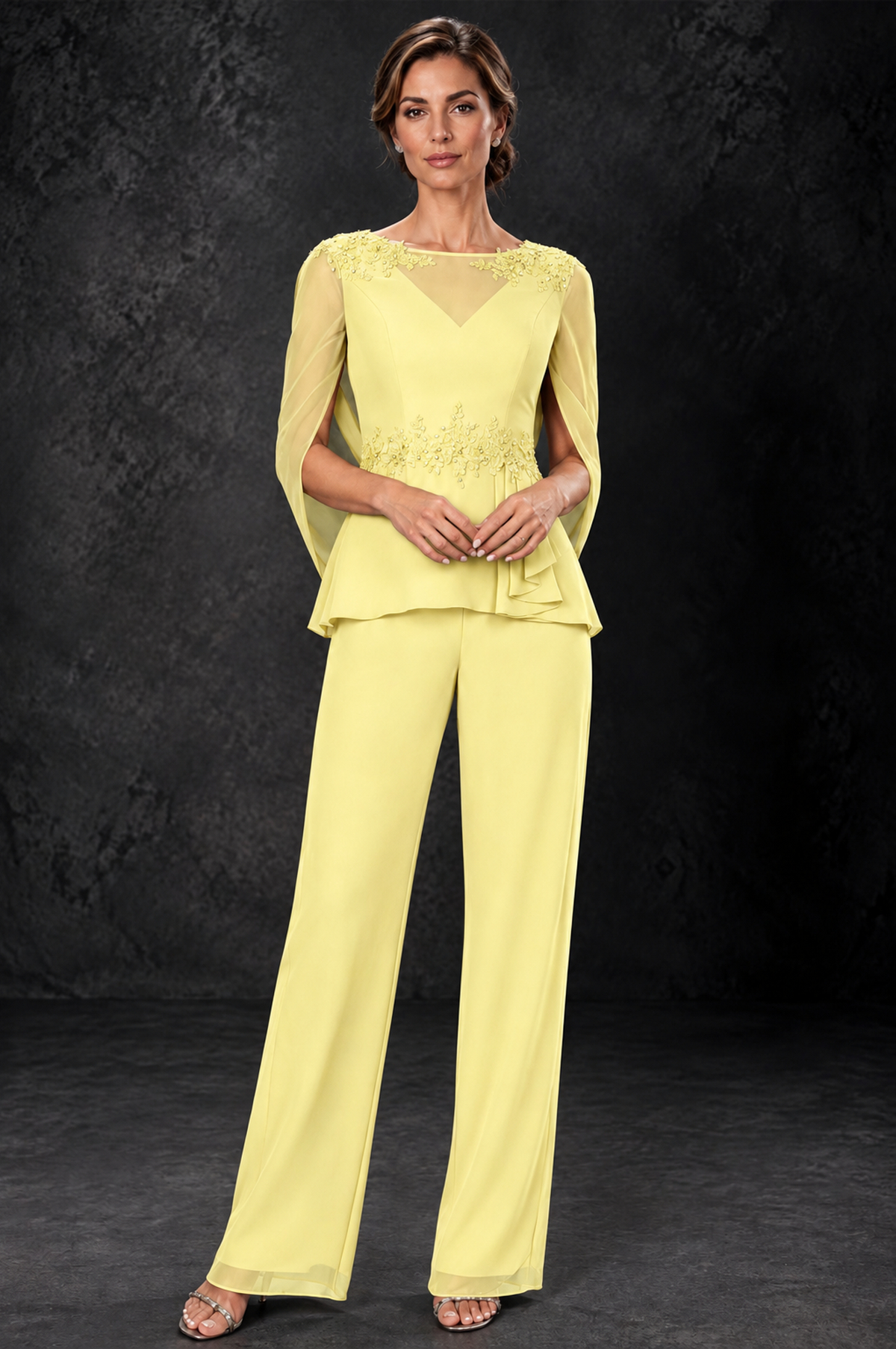 BOLODOO Daffodil Embellished Cape Sleeve Mother of the Bride Pantsuit - Daffodil - Daffodil_1