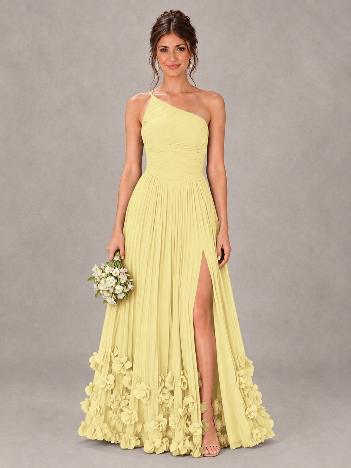 BOLODOO Daffodil One-Shoulder Pleated Bridesmaid Dress with 3D Floral Hem - Daffodil - Daffodil_1