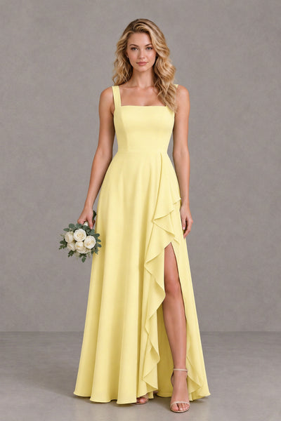 BOLODOO Daffodil Square Neck Ruffle A-Line Bridesmaid Dress with Slit - Daffodil - Daffodil_1