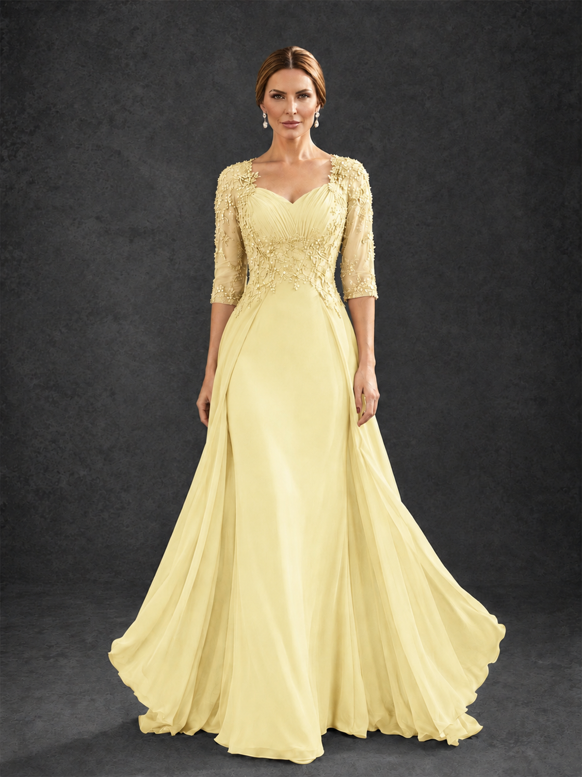 BOLODOO Daffodil Sweetheart Neck 3/4 Sleeve Floral Lace Illusion Bodice Chiffon A-Line Gown - Daffodil - Daffodil_1