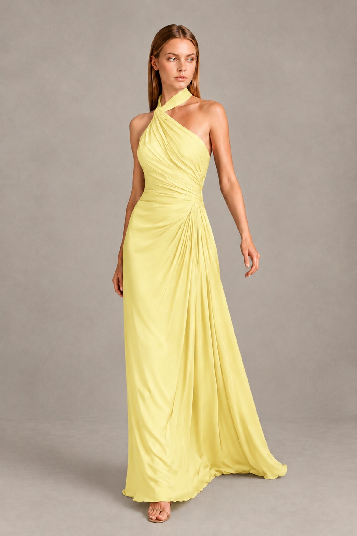 BOLODOO Daffodil Twisted Halter Neck Ruched Sleeveless Open Back Floor-Length Gown - Daffodil - Daffodil_1