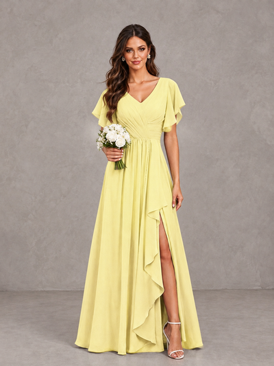 BOLODOO Daffodil Flutter Sleeve V-Neck Bridesmaid Dress with Ruffle Slit - Daffodil - Daffodil_1
