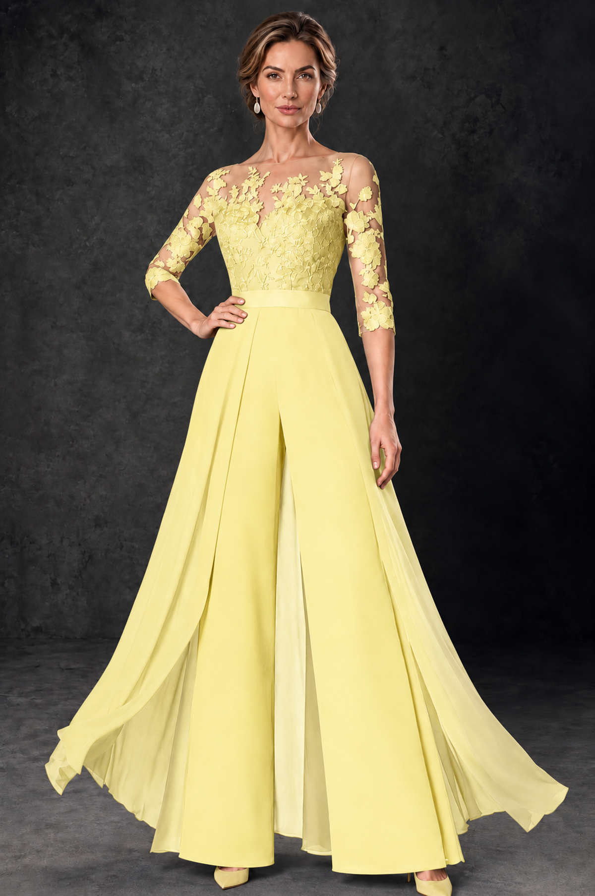 BOLODOO Daffodil Lace Wide-Leg Jumpsuit with Three-Quarter Sleeves - Daffodil - Daffodil_1