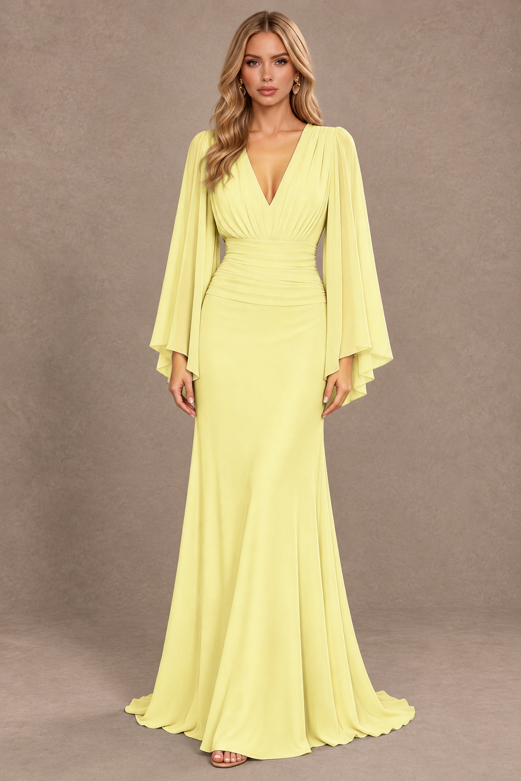 BOLODOO Daffodil Cape Sleeve V-Neck Ruched Chiffon Evening Dress - Daffodil - Daffodil_1