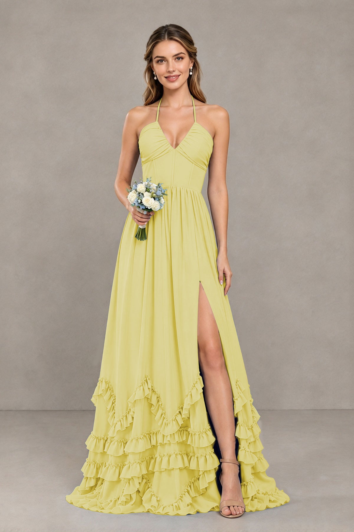 BOLODOO Daffodil Halter Ruffle Hem A-Line Bridesmaid Dress with High Slit - Daffodil - Daffodil(1)
