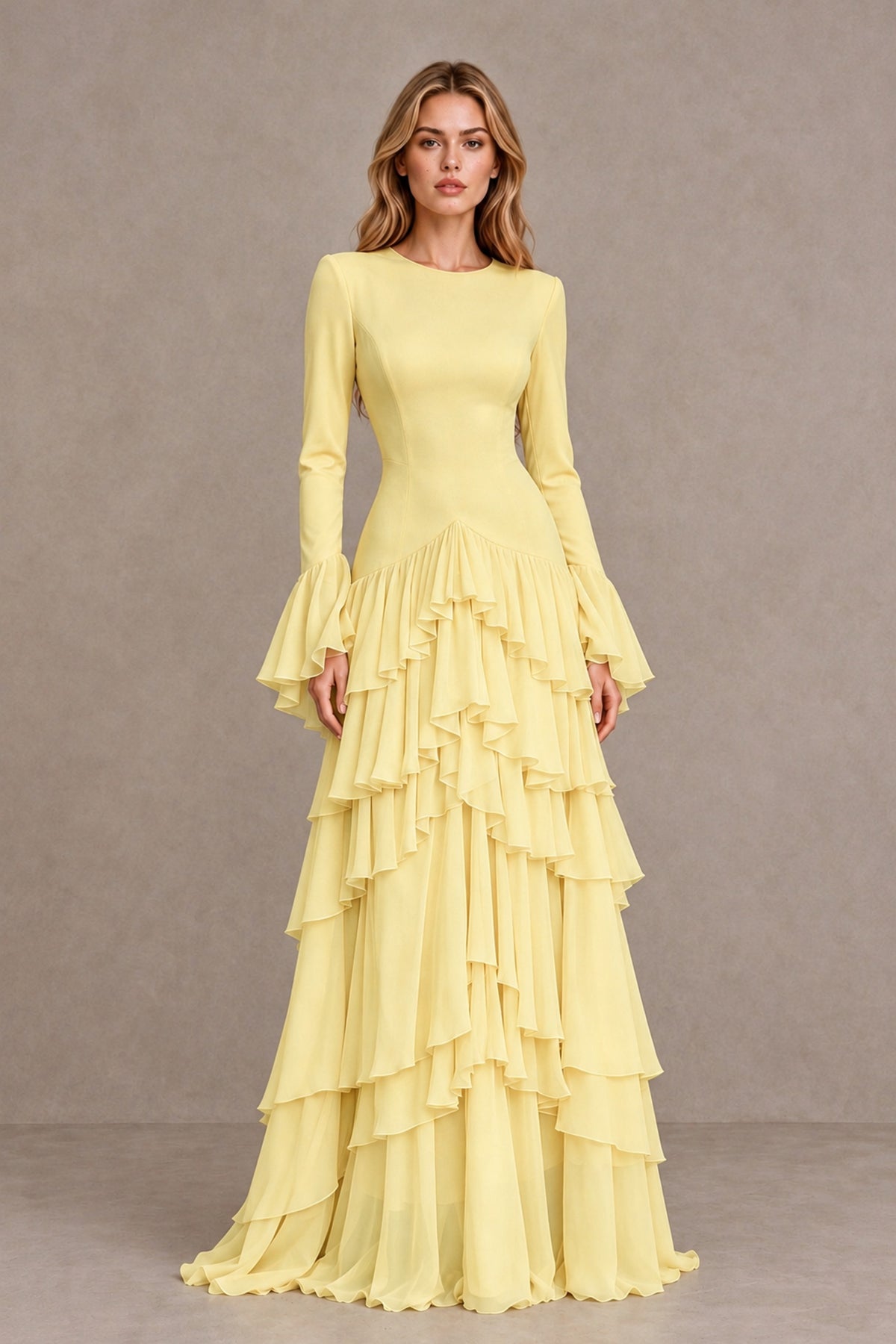 Daffodil Long Sleeve Tiered Ruffle Evening Gown - Daffodil - Daffodil_1