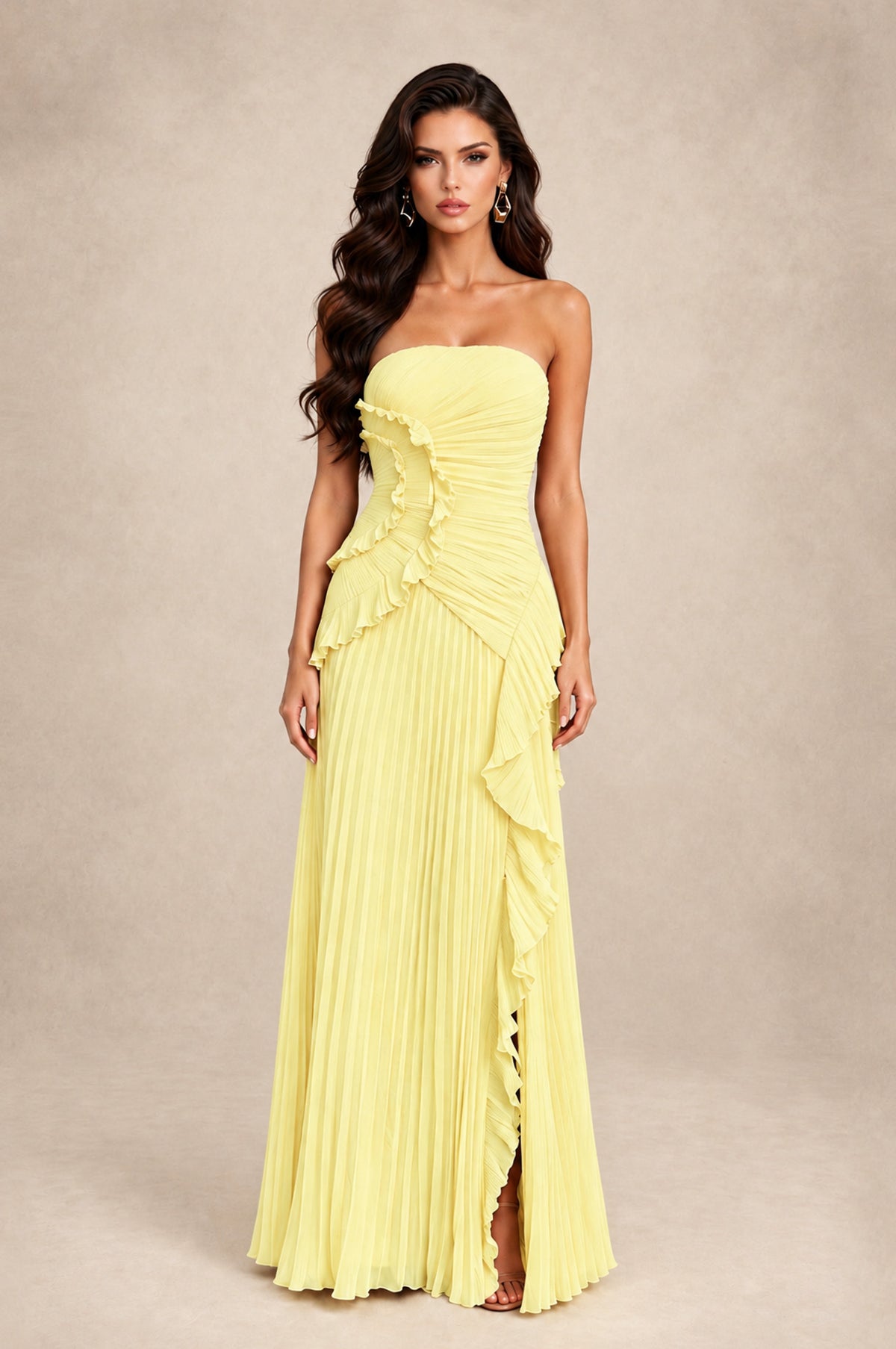 BOLODOO Daffodil Strapless Ruffle Pleated Slit Evening Gown - Daffodil - Daffodil_1