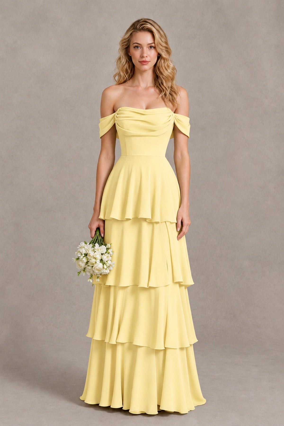 BOLODOO Daffodil Off-the-Shoulder Tiered A-Line Evening Bridesmaid Dress - Daffodil - Daffodil_1