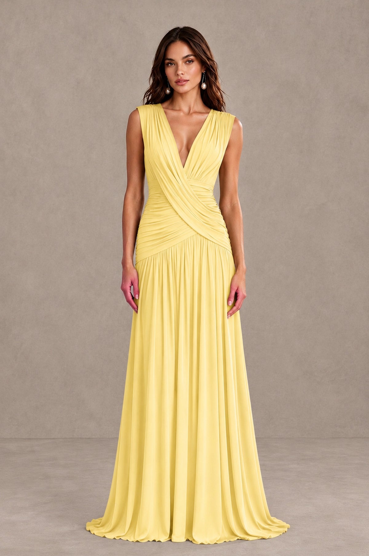 BOLODOO Daffodil V-Neck Ruched Wedding Guest Dress - Daffodil - Daffodil_1
