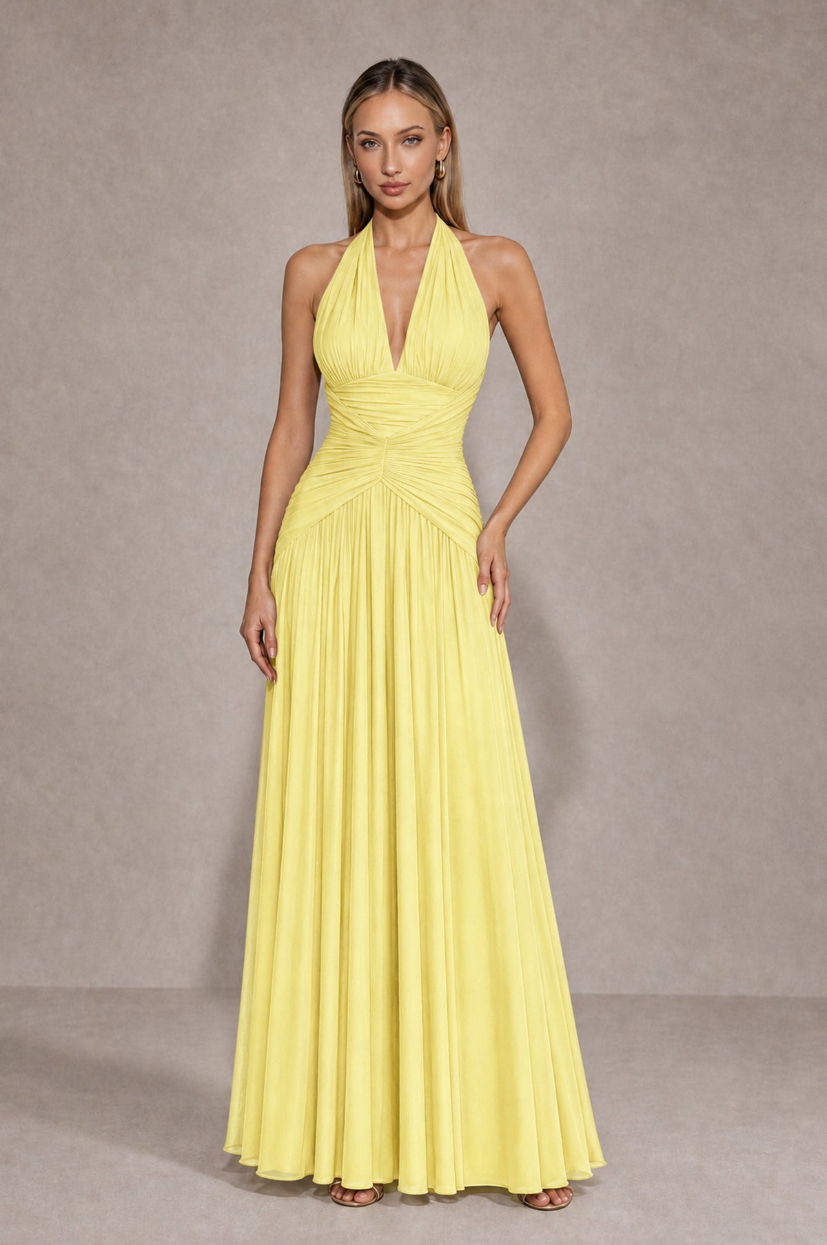 BOLODOO Daffodil Chiffon Halter Deep V-Neck Ruched A-Line Backless Maxi Dress with Train-BD0167 - Daffodil - Daffodil_1