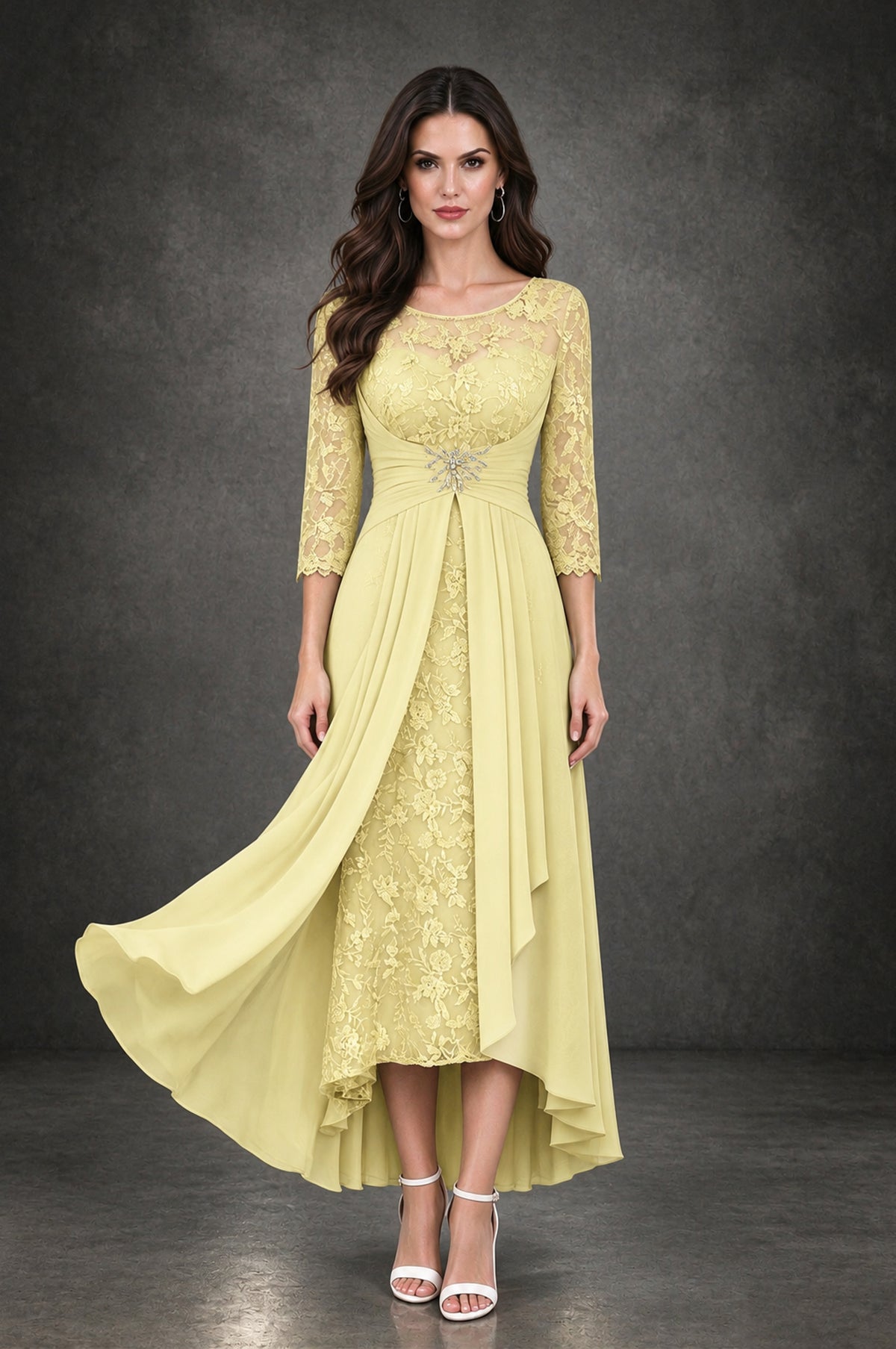 BOLODOO Daffodil Sequin Lace & Chiffon Tea-Length Mother of the Bride Dress with 3/4 Sleeves - Daffodil - Daffodil_1