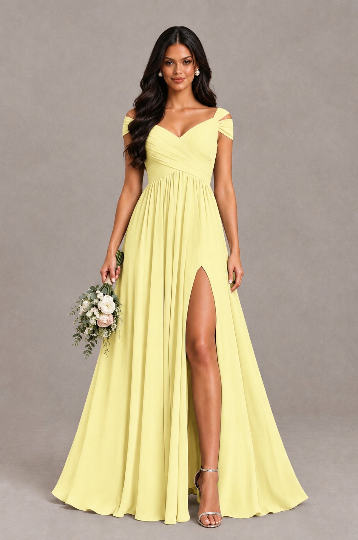 BOLODOO Daffodil Cold Shoulder Chiffon Evening Dress with V Neck and High Slit - Daffodil - Daffodil_1