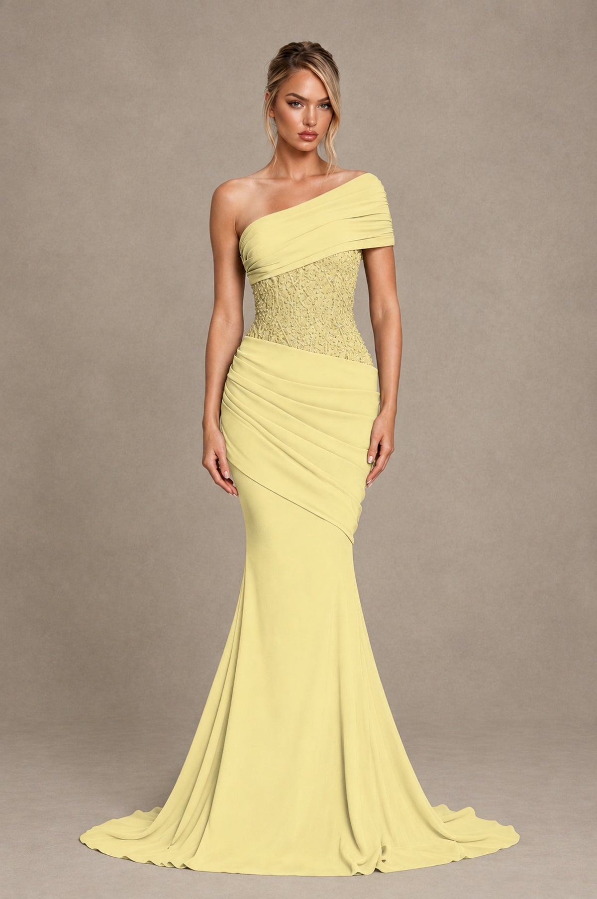 BOLODOO Daffodil One-Shoulder Sequin Embroidered Ruched Mermaid Gown with Train - Daffodil - Daffodil_1