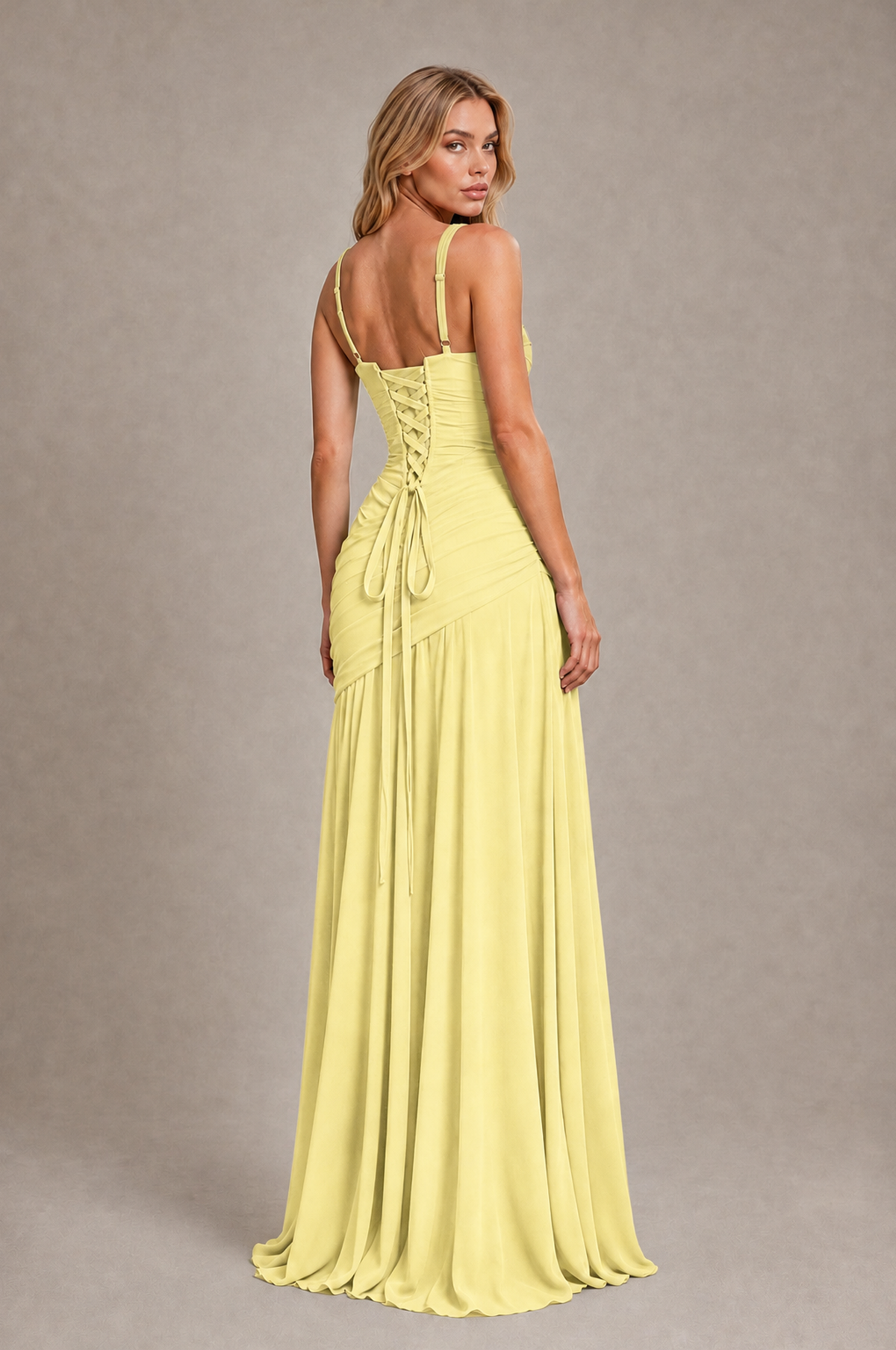 BOLODOO Daffodil Spaghetti Strap Ruched Maxi Dress – Formal Evening Gown with Slit - Daffodil - Daffodil_2