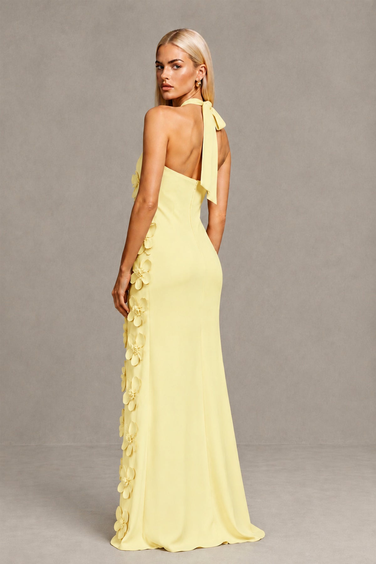BOLODOO Daffodil Cross Halter Neck 3D Floral Appliqué Backless Mermaid Maxi Gown - Daffodil - Daffodil_2