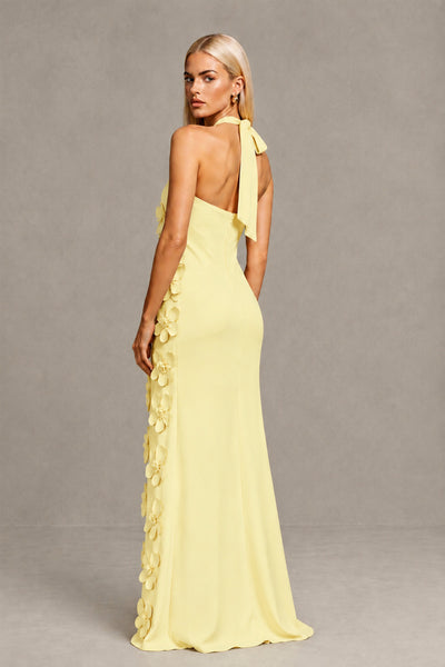 BOLODOO Daffodil Cross Halter Neck 3D Floral Appliqué Backless Mermaid Maxi Gown - Daffodil - Daffodil_2