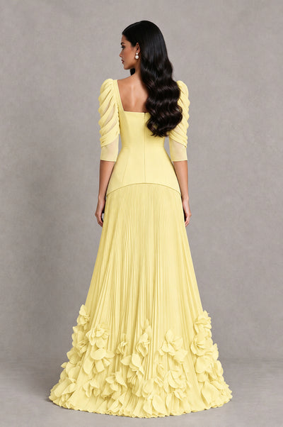 BOLODOO Daffodil Square Neck Pleated Floral Applique Evening Dress - Daffodil - Daffodil_2