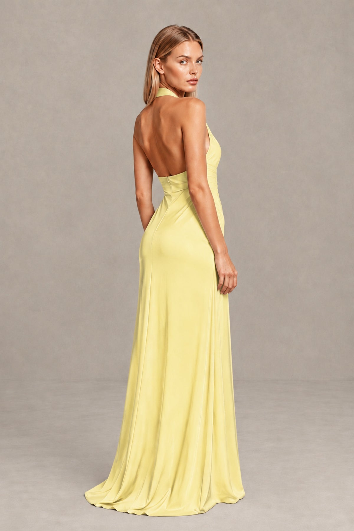 BOLODOO Daffodil Twisted Halter Neck Ruched Sleeveless Open Back Floor-Length Gown - Daffodil - Daffodil_2