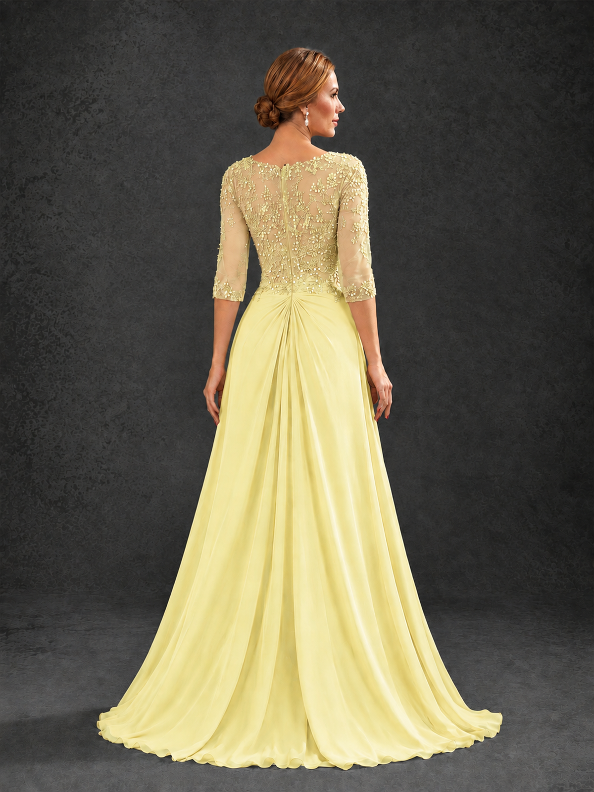 BOLODOO Daffodil Sweetheart Neck 3/4 Sleeve Floral Lace Illusion Bodice Chiffon A-Line Gown - Daffodil - Daffodil_2