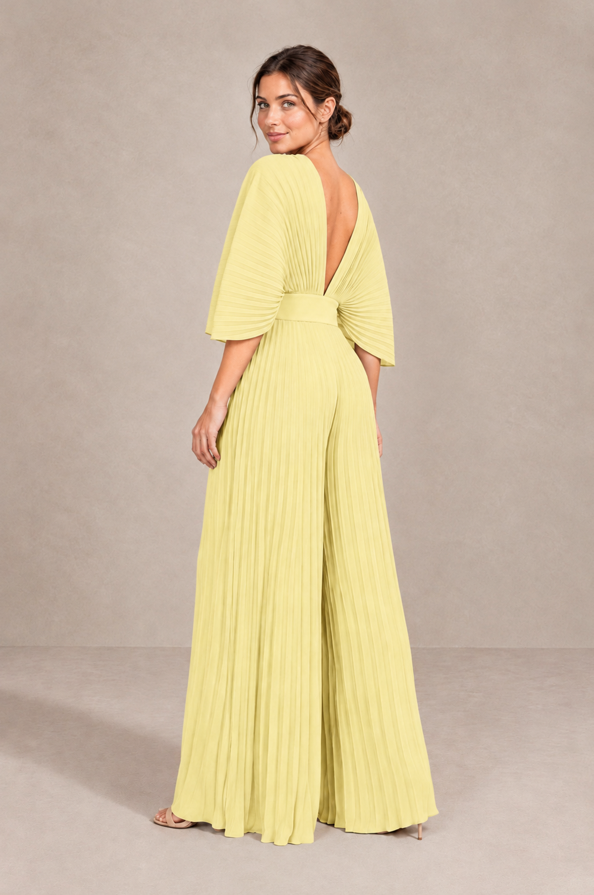 BOLODOO Daffodil Pleated Wide-Leg Mother of Bride Pantsuit with V-Neck Chiffon Maxi Gown - Daffodil - Daffodil_2