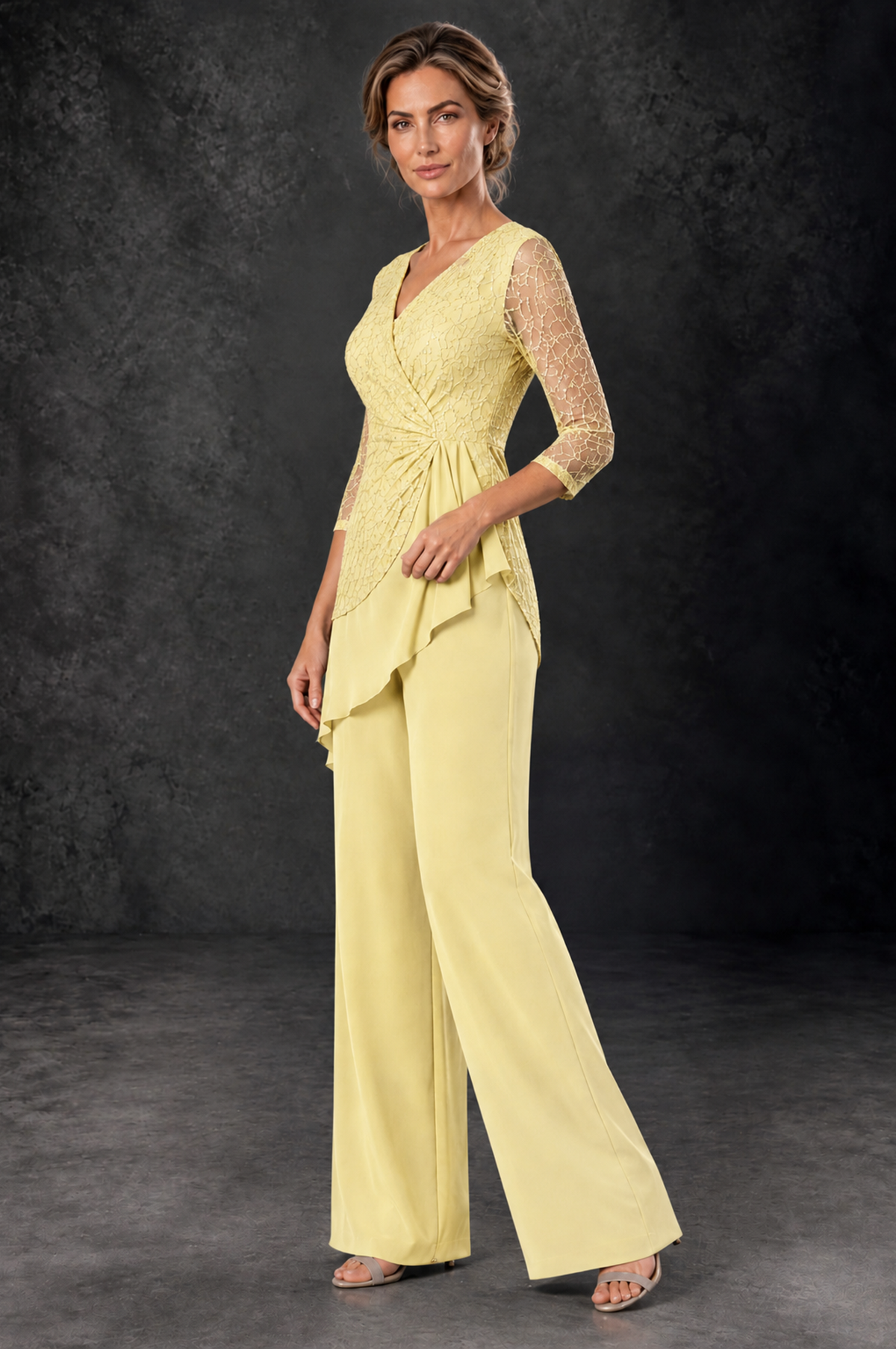 BOLODOO Daffodil Sequin Lace 3/4 Sleeve Chiffon Mother of the Bride Pant Suit - Daffodil - Daffodil_2