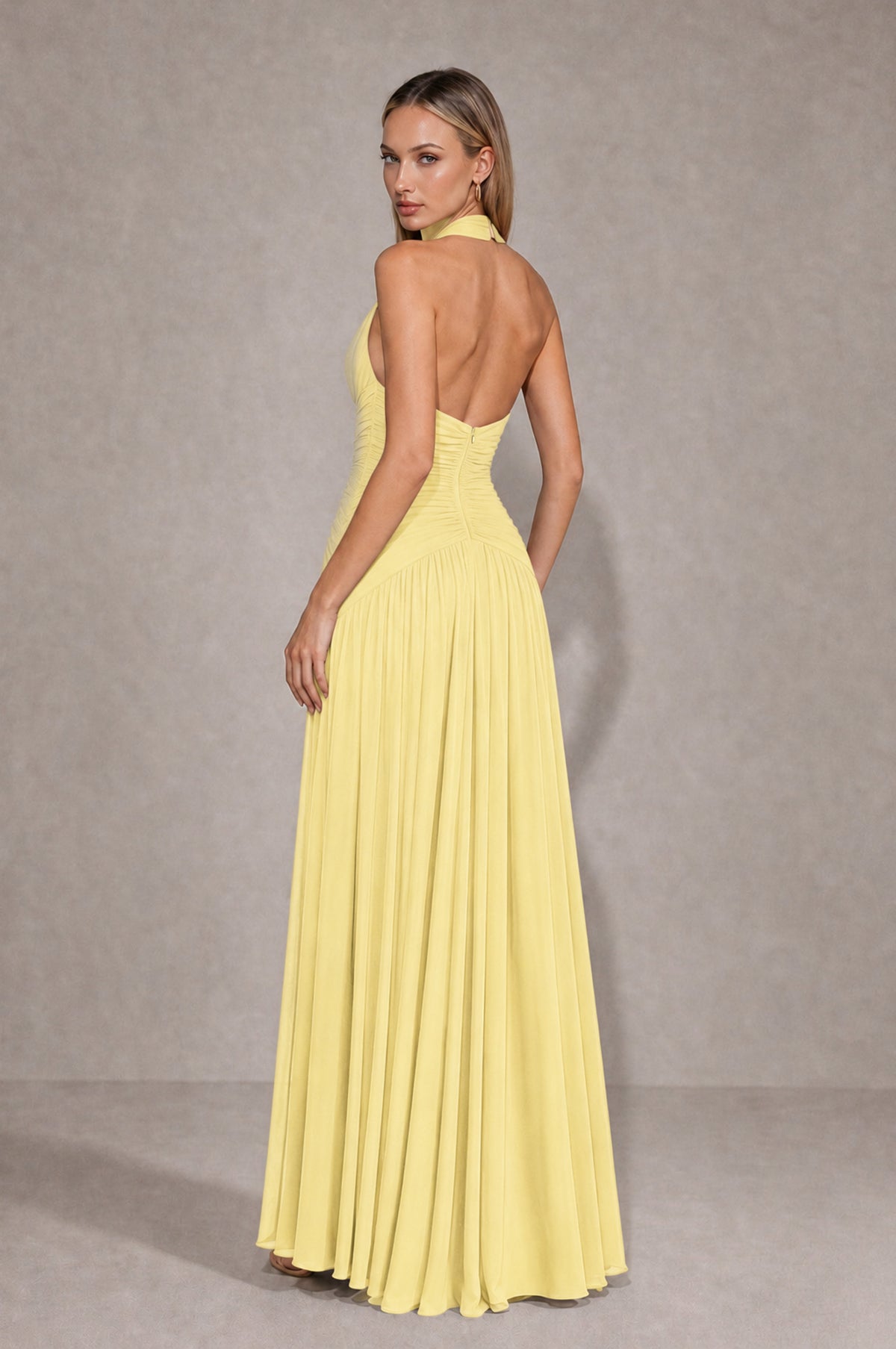 BOLODOO Daffodil Chiffon Halter Deep V-Neck Ruched A-Line Backless Maxi Dress with Train-BD0167 - Daffodil - Daffodil_2
