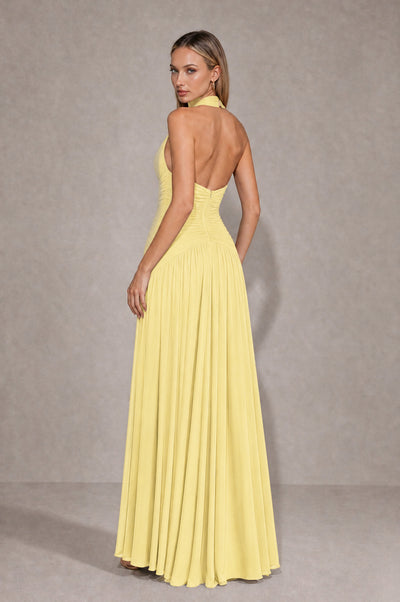 BOLODOO Daffodil Chiffon Halter Deep V-Neck Ruched A-Line Backless Maxi Dress with Train-BD0167 - Daffodil - Daffodil_2