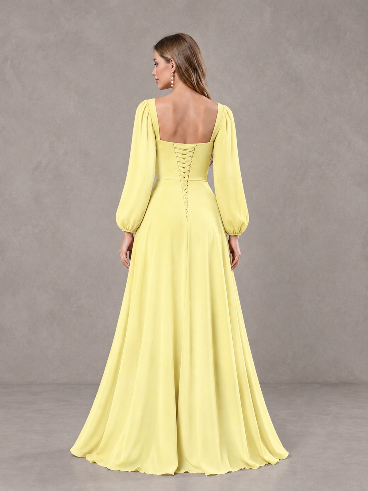 BOLODOO Daffodil Square Neck Long Sleeve Bridesmaid Dress with Ruffle Slit - Daffodil - Daffodil_2