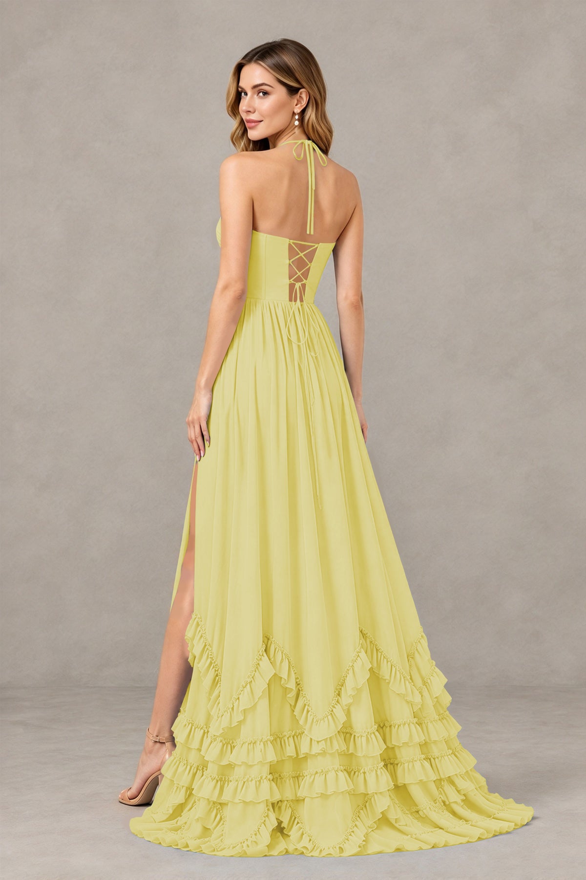 BOLODOO Daffodil Halter Ruffle Hem A-Line Bridesmaid Dress with High Slit - Daffodil - Daffodil(2)
