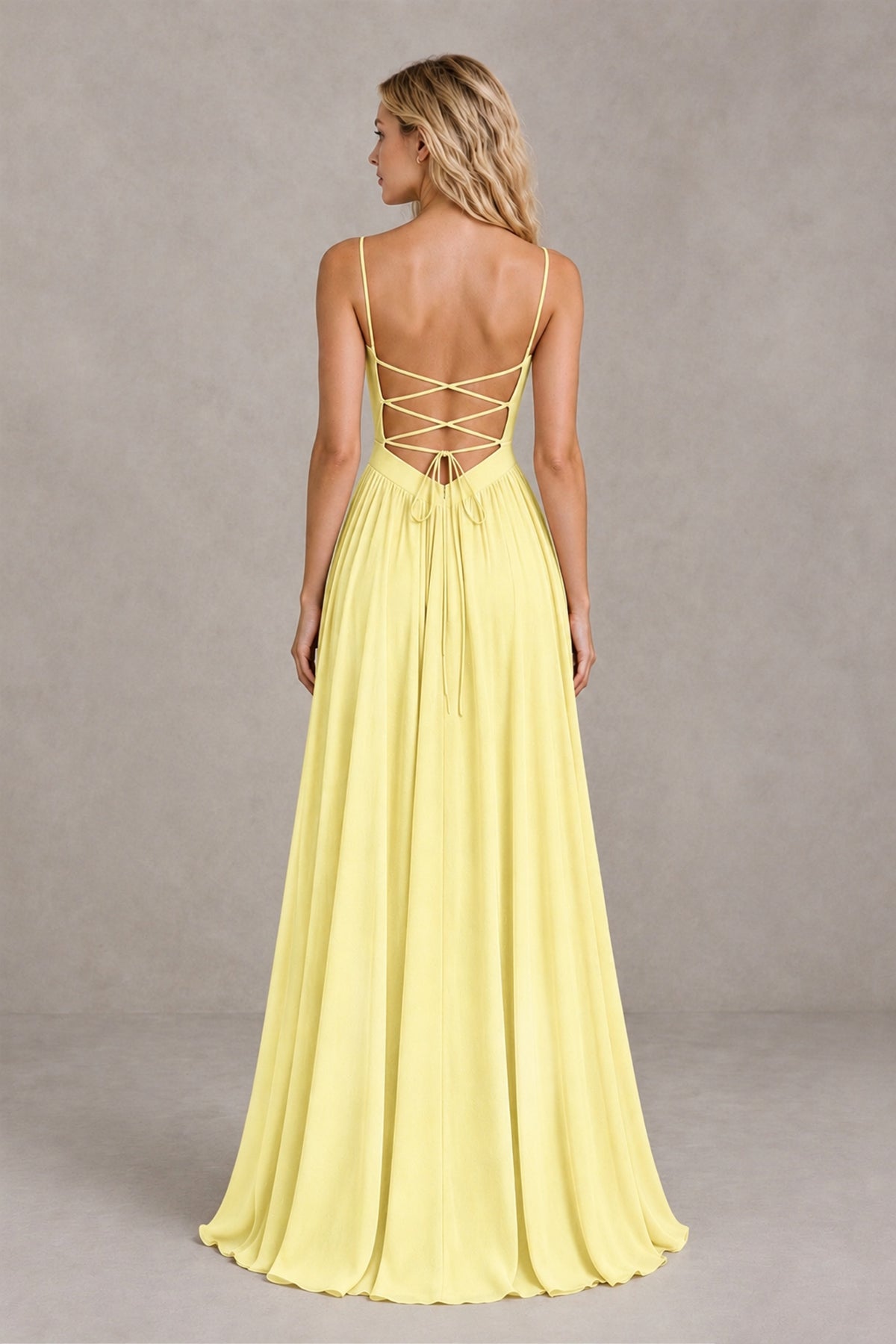 BOLODOO Daffodil Spaghetti Strap A-Line Bridesmaid Dress with Slit - Daffodil - Daffodil_2