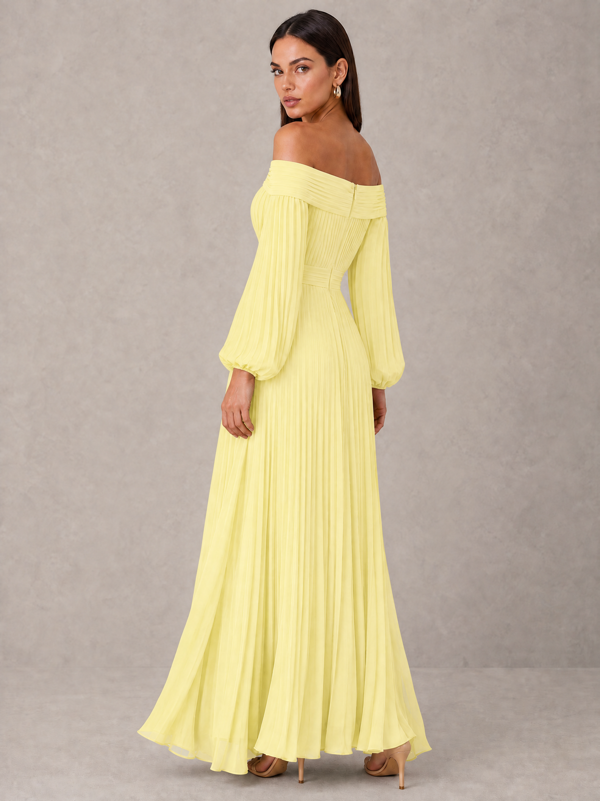 BOLODOO Daffodil Off-Shoulder Long Sleeve Pleated High-Low Dress - Daffodil - Daffodil_2
