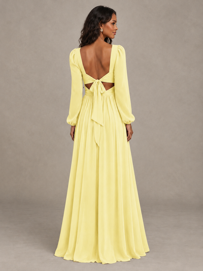BOLODOO Daffodil V-Neck Long Sleeve Bridesmaid Dress with Tie Back and Slit - Daffodil - Daffodil_2