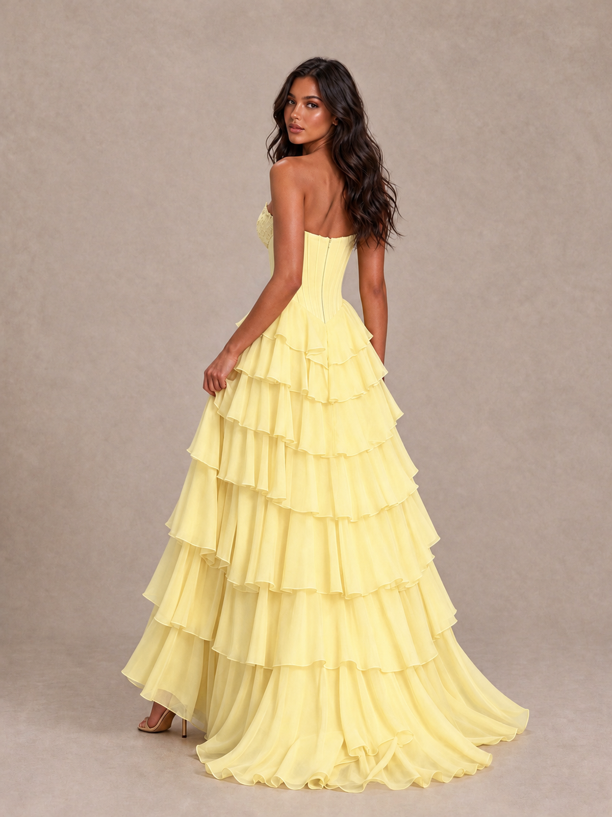 BOLODOO Daffodil Strapless Corset Tiered Ruffle Prom Dress with High Slit - Daffodil - Daffodil_2