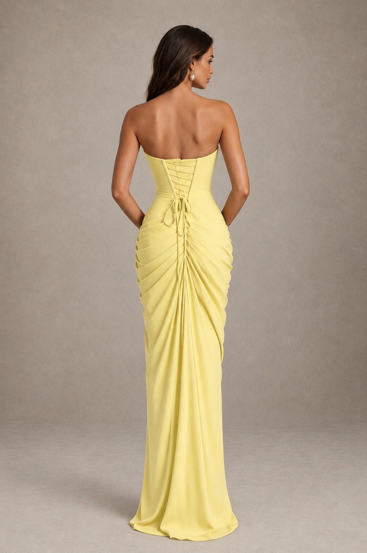 BOLODOO Strapless Draped Maxi Dress - Daffodil Backless Evening Gown with High Slit - Daffodil - Daffodil_2