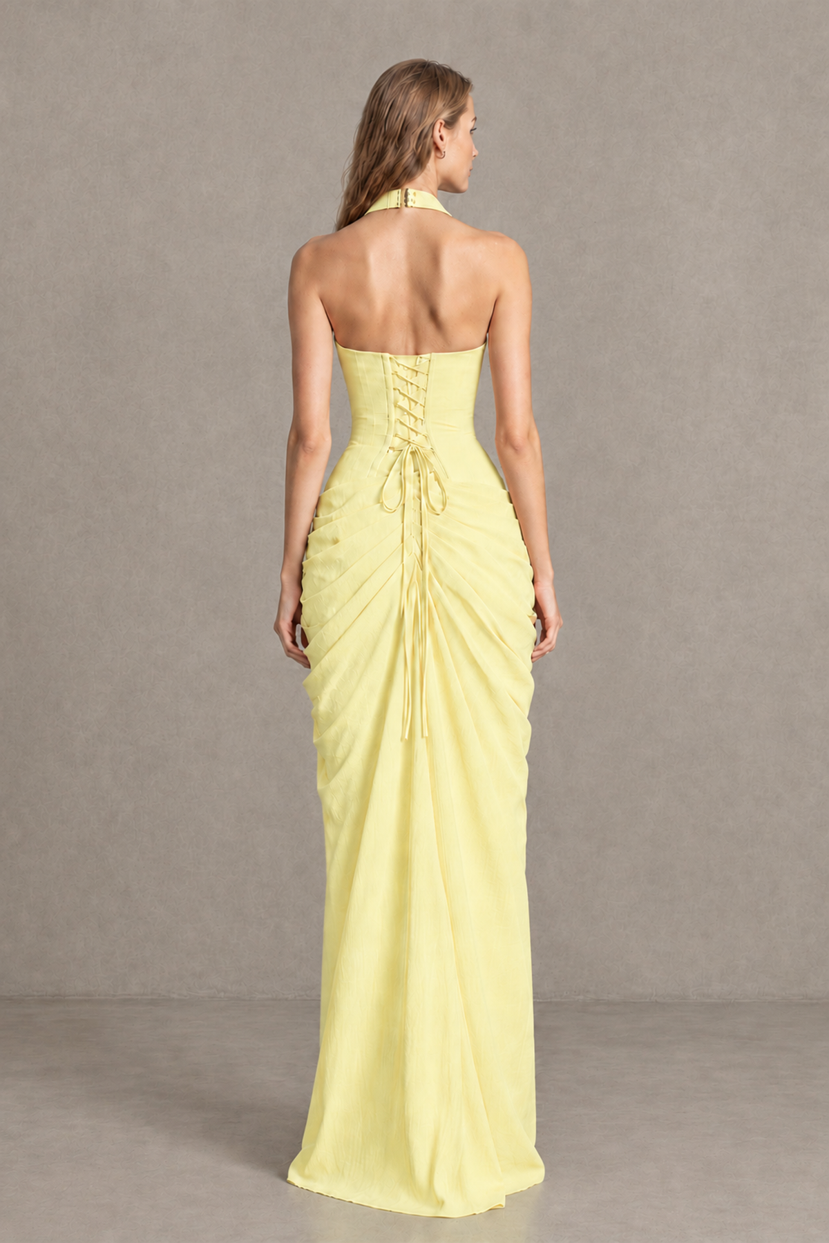 BOLODOO Daffodil Halter Neck Ruched Maxi Dress with High Slit - Daffodil - Daffodil_2