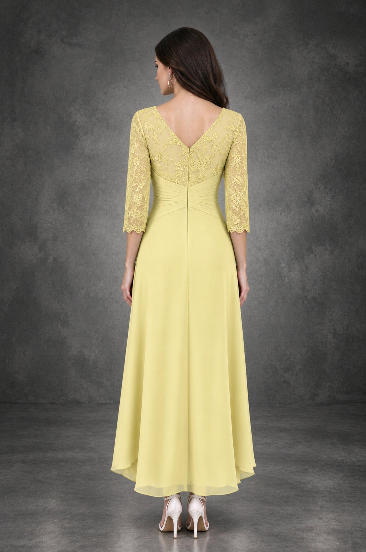 BOLODOO Daffodil Sequin Lace & Chiffon Tea-Length Mother of the Bride Dress with 3/4 Sleeves - Daffodil - Daffodil_2