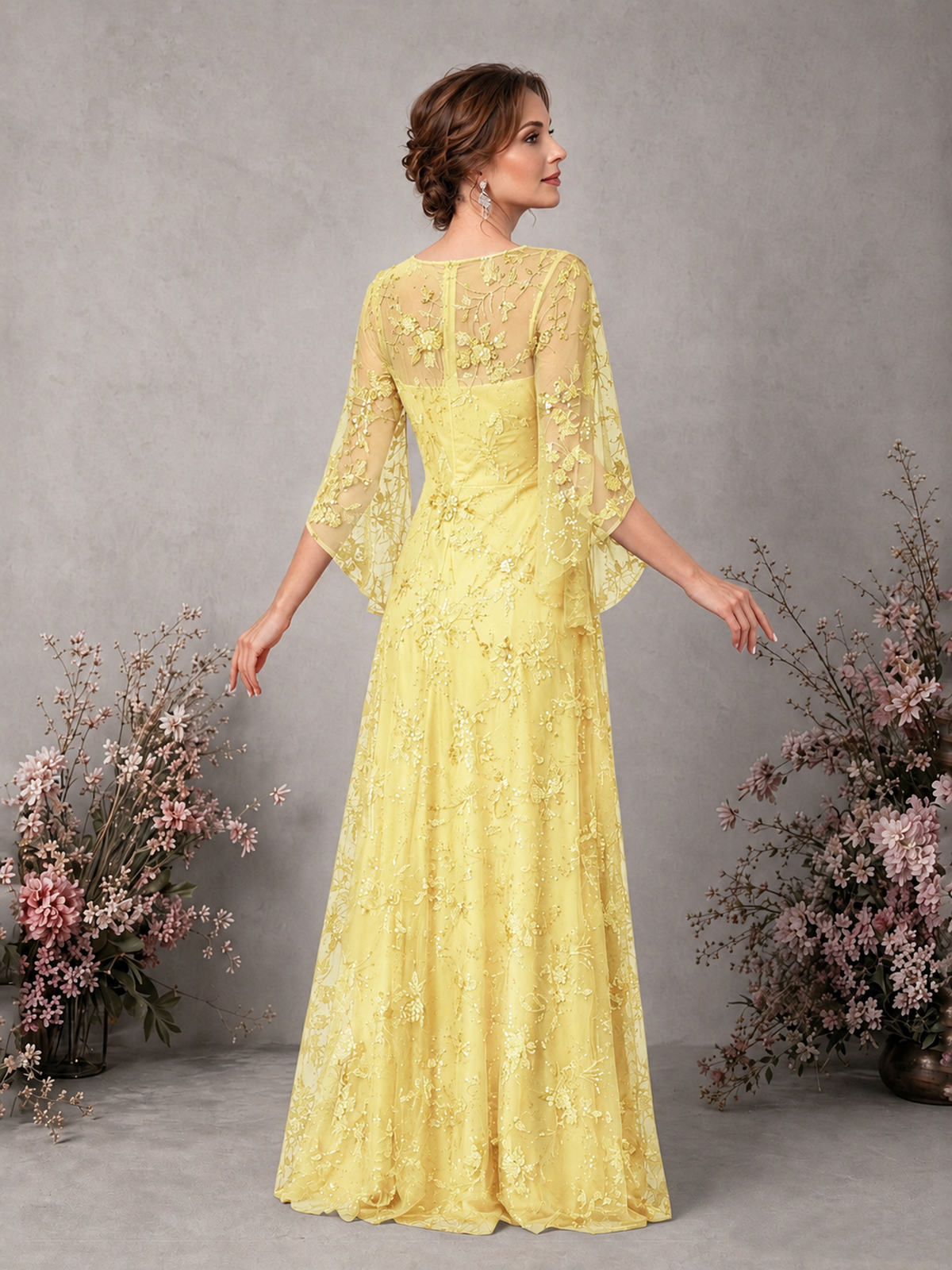 BOLODOO Daffodil Sequin Lace Cape Sleeve Formal Evening Gown - Daffodil - Daffodil_2