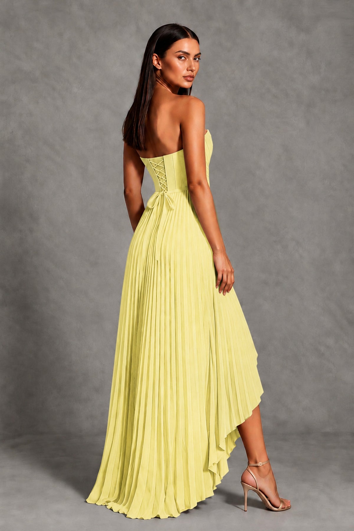 Daffodil Strapless Pleated High-Low Evening Gown with Ruffle Hem - Daffodil - Daffodil_2