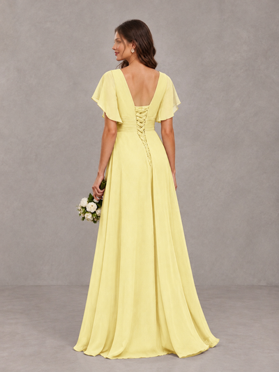 BOLODOO Daffodil Flutter Sleeve V-Neck Bridesmaid Dress with Ruffle Slit - Daffodil - Daffodil_2